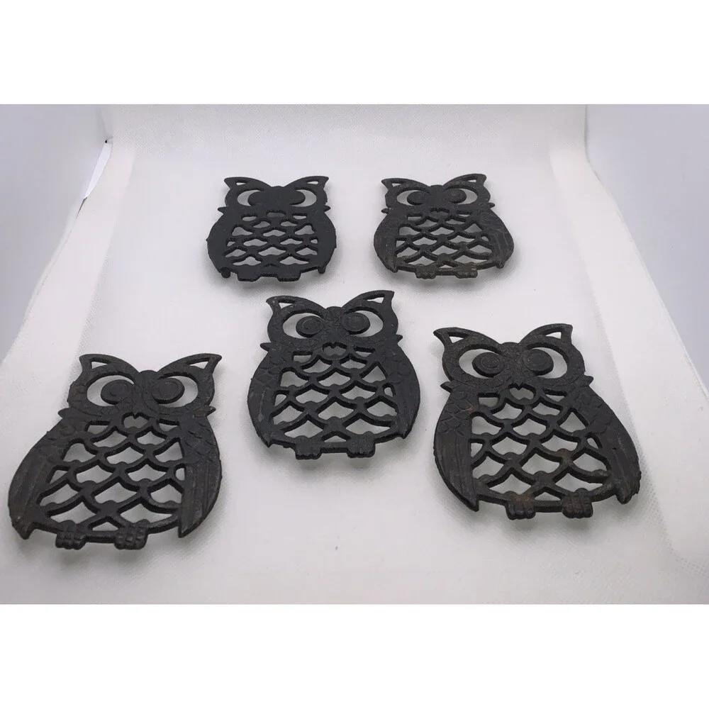 Lot of 5 Cast Iron Owl Trivets - Made In Taiwan